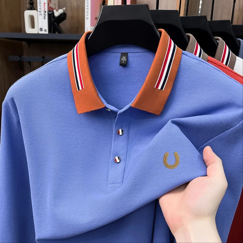 High-End 100% Cotton Man Long-Sleeved Polo Shirt Lapel Button Color Blocking Letter Embroidery Autumn New Leisure Men's Clothing