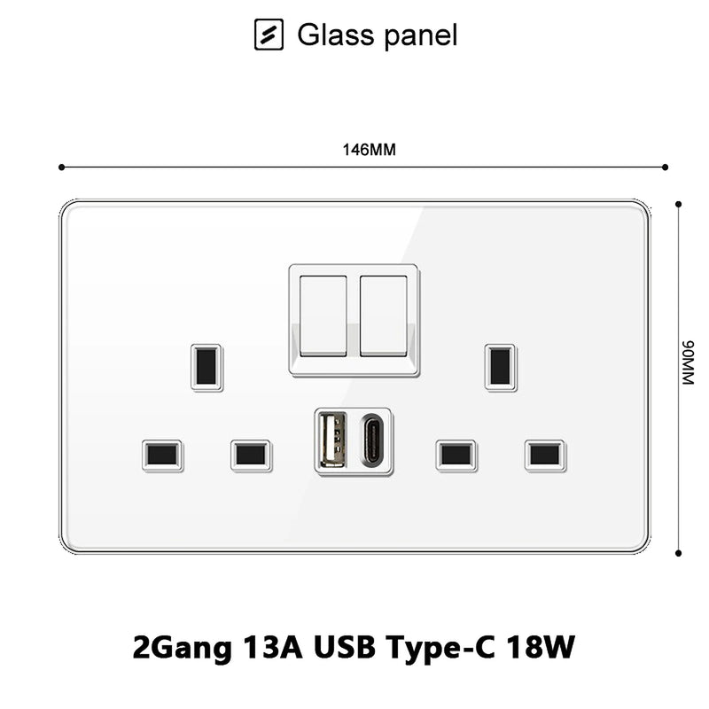 White Tempered Glass 2Way Wall Light Switch, UK Wall 18W Type-C Fast Charging USB Socket, Universal Electrical Outlet Plug 220V