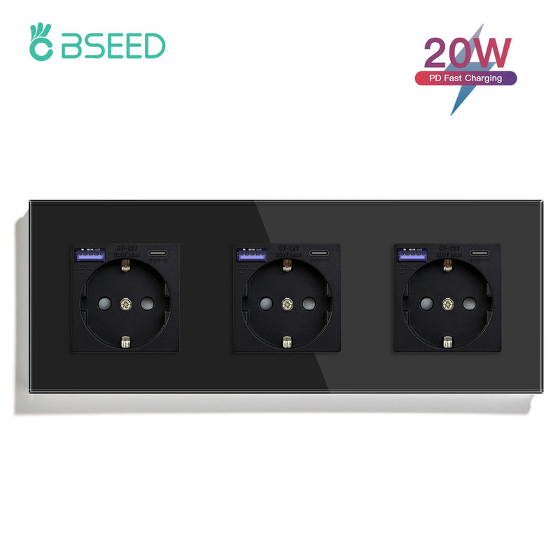 BSEED EU Standard Wall Power Sockets Type-C Interface Outlet USB Fast Charge Port 20W Glass Panel Kids Protection 16A
