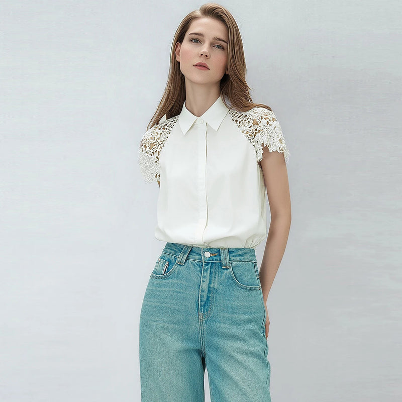 Amii Women Shirt 2026 Summer New Lace Patchwork Lapel Collar Dolman Sleeve Blouse Loose Mid Length Office Cotton Shirt 12642040