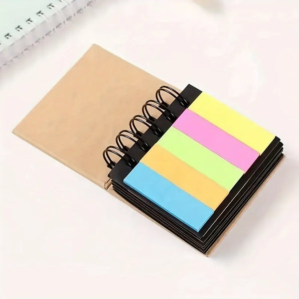 250 Sheets Portable Combination Sticky Notes Set - 5 Different Colors,Spiral Notebook, Self-Adhesive Notes, Brown Cover.