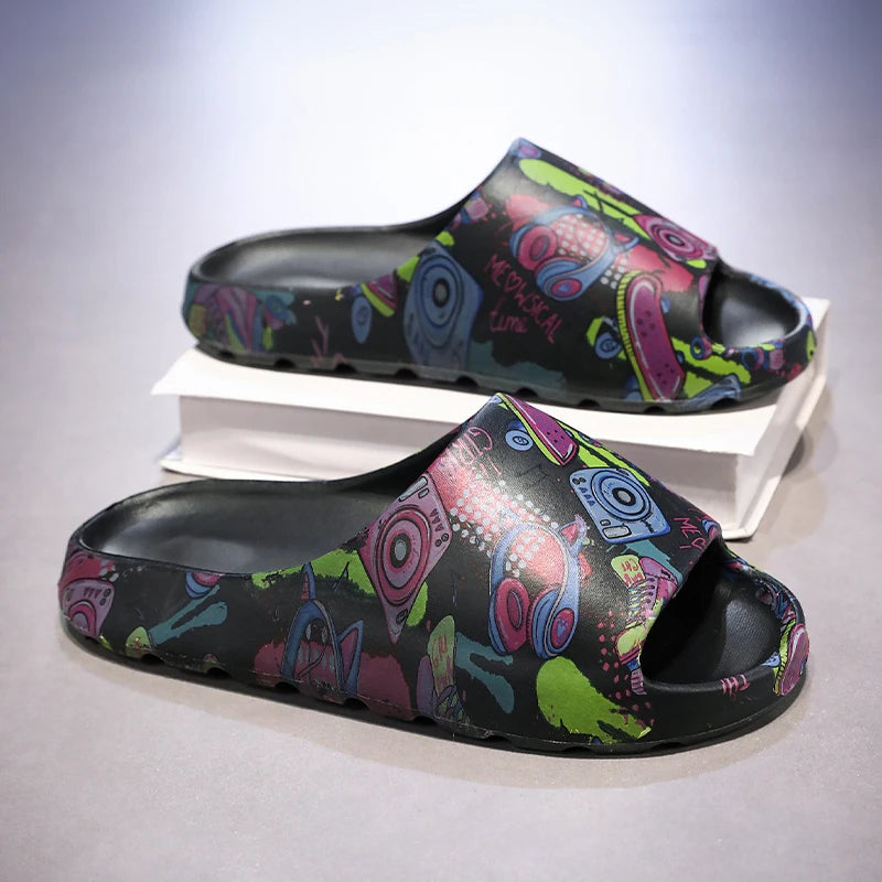 Hip Hop Music Graffiti Printed Slide Sandals Soft Cushioned EVA Cloud Slides Indoor Outdoor Beach Shower Slippers Big Size