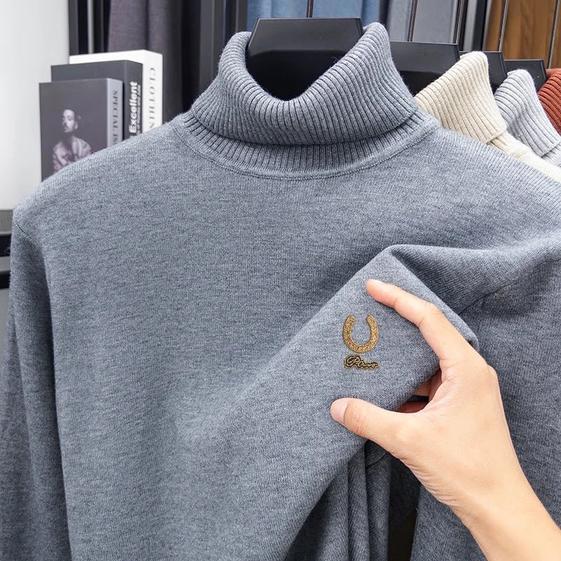 High-End Men's Long-Sleeved Knitwear High Neck Letter Embroidery Pullover Casual Fashion Sweater for Autumn Winter Daily Commute