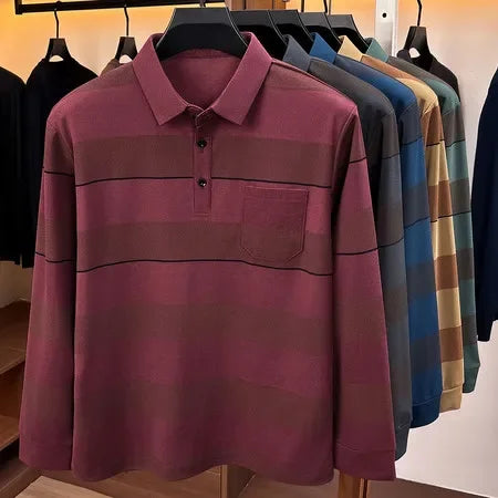 Business Casual Long Sleeve Striped Polo For Males Lapel Collar Soft Woven Fabric Neat Cut Travel Friendly Clothing