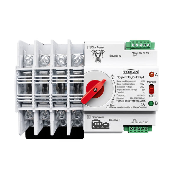 TOMZN 3Phase Din Rail ATS Dual Power Automatic Transfer Switch Electrical Selector Switches Uninterrupted Power 4P 63A 100A 125A