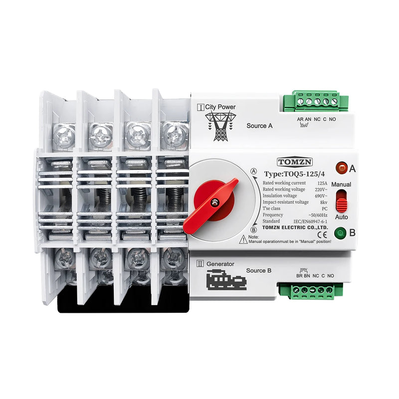TOMZN 3Phase Din Rail ATS Dual Power Automatic Transfer Switch Electrical Selector Switches Uninterrupted Power 4P 63A 100A 125A