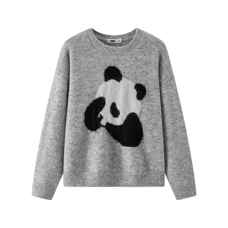 Semir Women Sweater Panda Graphic Crew Neck Drop Shoulder Loose Fit 2026 Winter Layering Wear Warm Knit Everyday Style