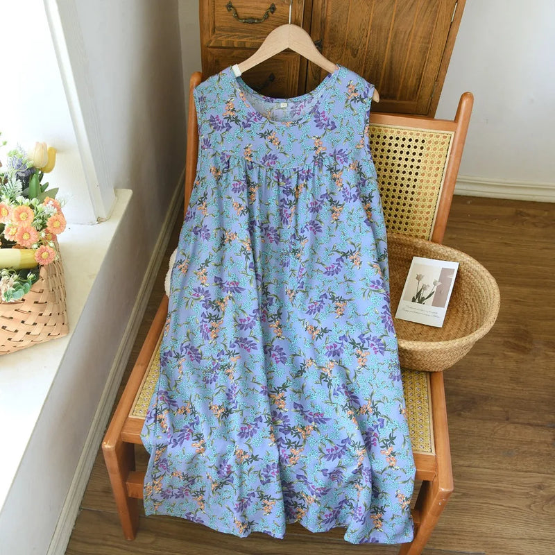 New Style Summer Sleepwear One Piece Dress Sleeveless Floral Nightgowns Woman Nightdress Soft Home Wear Lounge Sleeping Dress