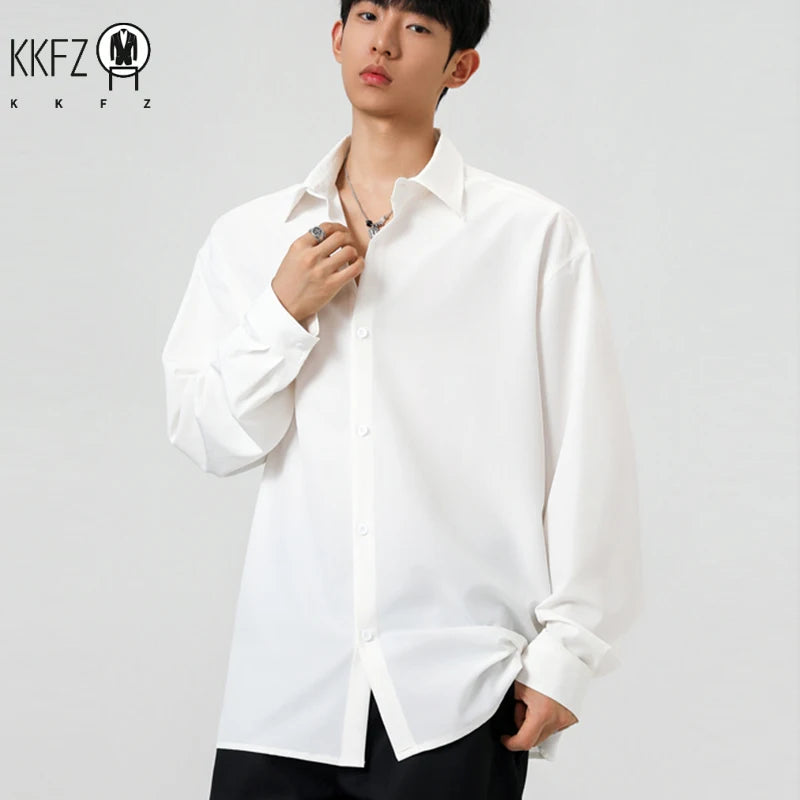 Male Fashion Oversized Shirt Long Sleeve Lapel Button Front Wrinkle Resistant Cloth Ideal For Multiple Daily Scenarios
