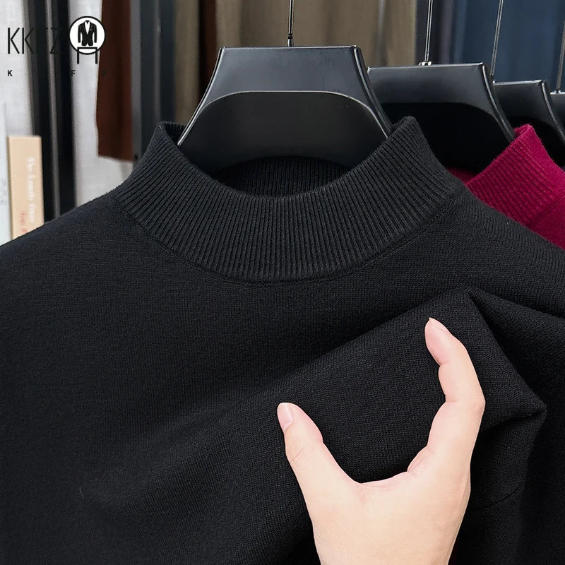 Daily Basic Knit Sweater Men Long Sleeve Mock Neck Rib Collar Autumn Walking Business Casual Pullover