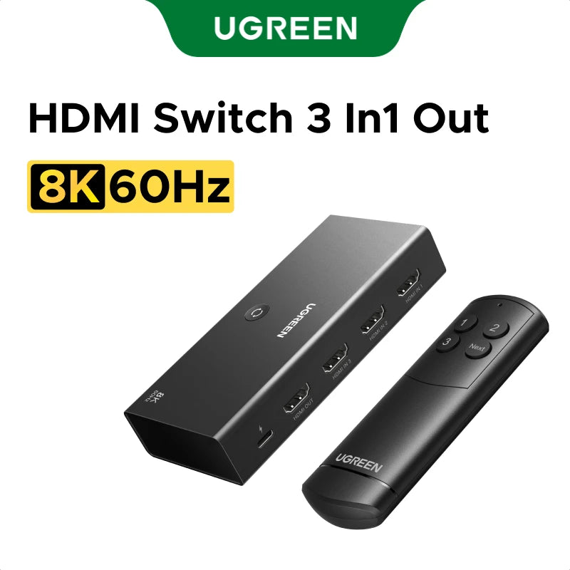 UGREEN HDMI 2.1 Switcher 8K 60Hz HDMI-compatible Switch 3 in 1 Out with Remote Control Converter For Xbox PS5 Monitors