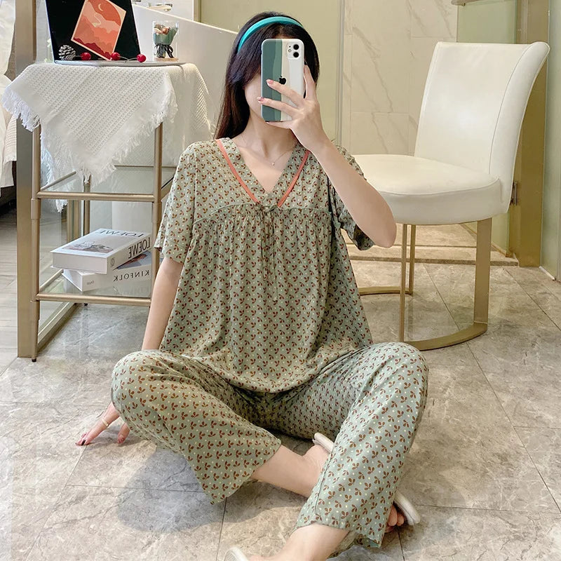 Spring Summer Pajamas Women Short Sleeve Pants Suit Cotton Rayon V-Neck Korean Home Wear Set Large Size Ladies Sleepwear