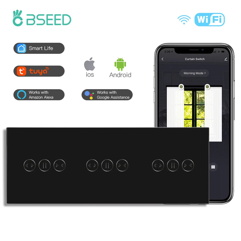 BSEED WiFi Curtain Switch Wireless Smart Touch Switch for Smart Life Tuya Alexa Blind Roller Shutter With Neutral Line