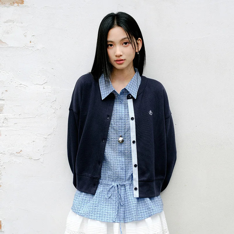 Semir Layered Jacket Women 2026 Spring Short Crew Neck Striped Spliced Loose Drop Shoulder Embroidered Casual Fashion Top