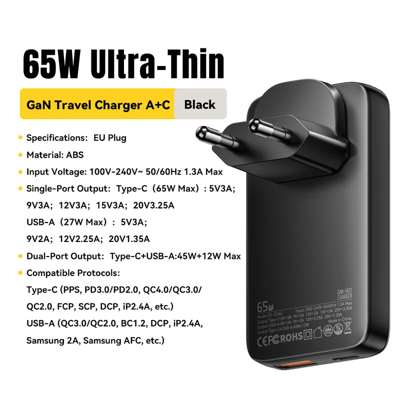 ឆ្នាំងសាក Essager Ultra Thin 65W GaN Travel Charger Quick Charge 4.0 PD3.0 PPS Portable Type C Charger សម្រាប់ iPhone Samsung Macbook Laptop