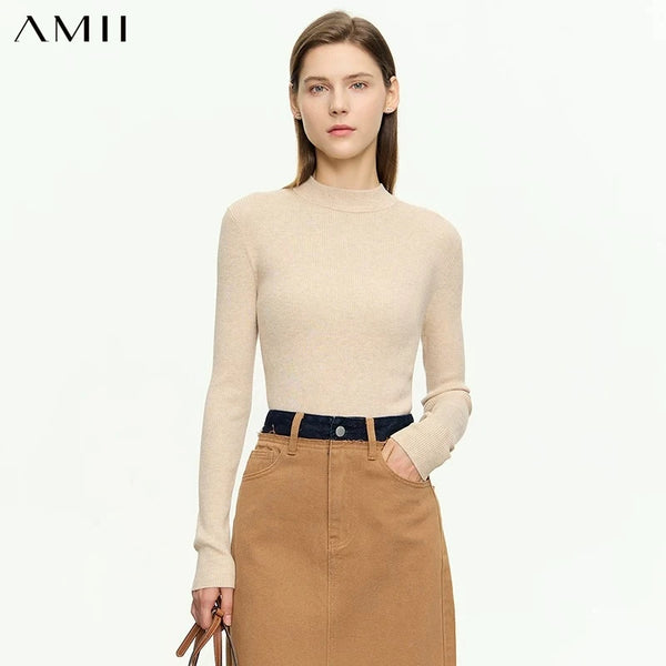 អាវយឺត AMII សម្រាប់ស្ត្រី Minimalism Mock Neck ឆ្នាំ ២០២៦ រដូវស្លឹកឈើជ្រុះថ្មី Slim Office Lady អាវប៉ាក់ដៃវែង 12313001