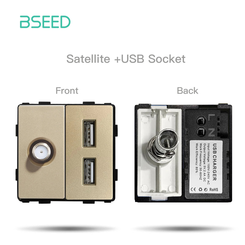 BSEED DIY Modules EU Plastic Panel Gold Double USB Socket Internet CAT5 RJ45 ST TV Power Socket Wall-Mounted Free Combination