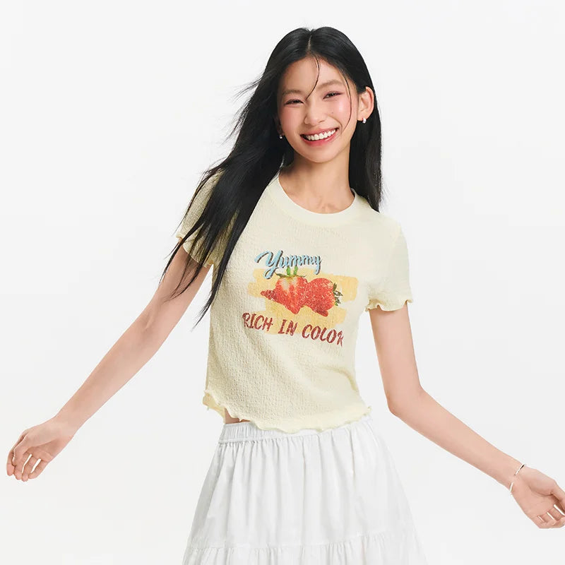 Semir Women Fruit Print T-Shirt Ruffle Hem Textured Slim Fit 2025 Summer Soft Aesthetic