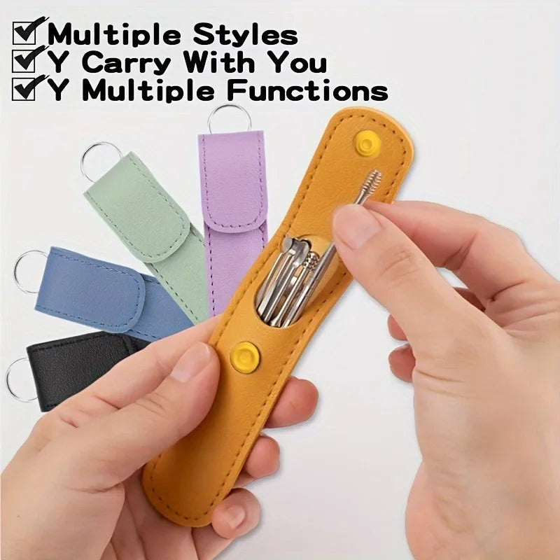 1set Ear Degreaser Tool, Stainless Steel 6 Piece Ear Cleaning Set,Spring Loaded Ear Scoop, Travel Portable Ear Wax Removal Set
