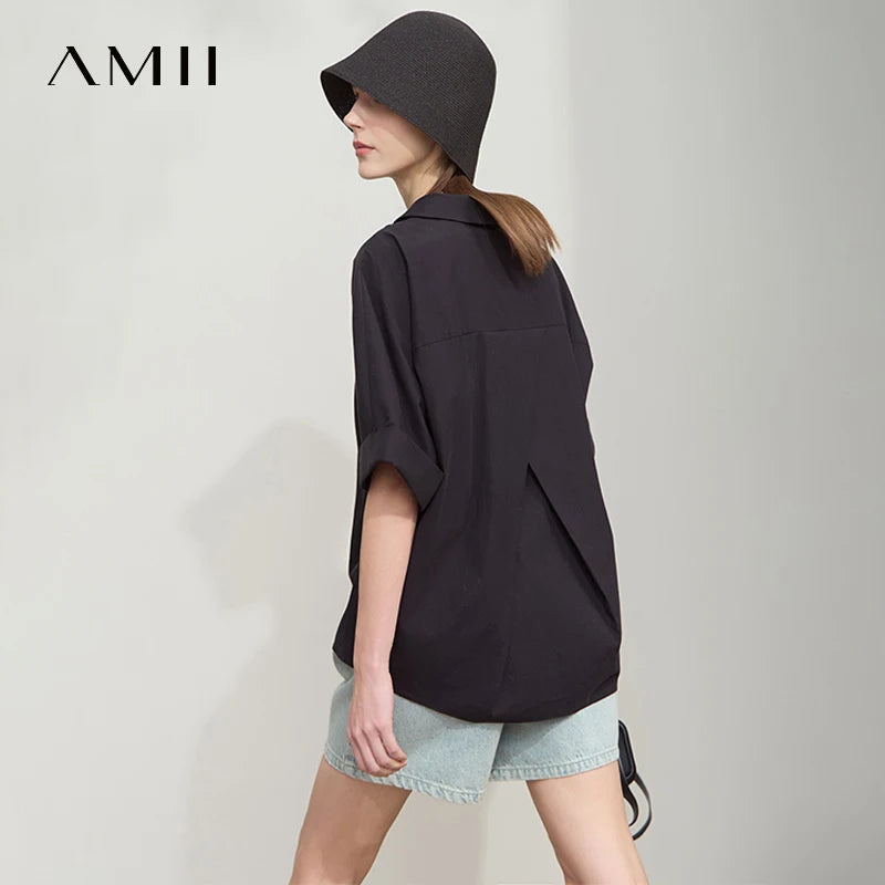 អាវ Amii Minimalist សម្រាប់ស្ត្រី ពណ៌រឹង ក V រចនាកអាវបត់ចុះក្រោម រលុង ស្ទីល Lyocell អាវ 12522053