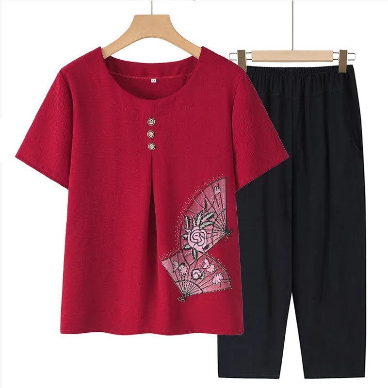 ឈុតគេងសម្រាប់ស្ត្រី XL-5XL ខោកាព្រីដៃខ្លី កប្បាស បោះពុម្ពបែបវីនថេច សម្លៀកបំពាក់សម្រាប់យាយ រលុង ម្តាយចាស់ជរា