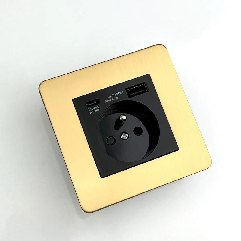Retro EU French Standard Metal Double USB Wall Power Socket,Brushed Stainless Steel Antique Outlet with Type-c Usb Charing Port