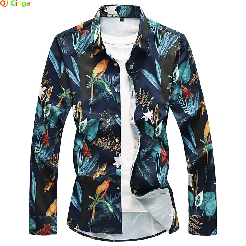 Asian Size Small Stretch Men' Long Sleeve Printed Shirts, Fashion Casual Flower Shirt, Single Breasted Square Collar Tops Camisa