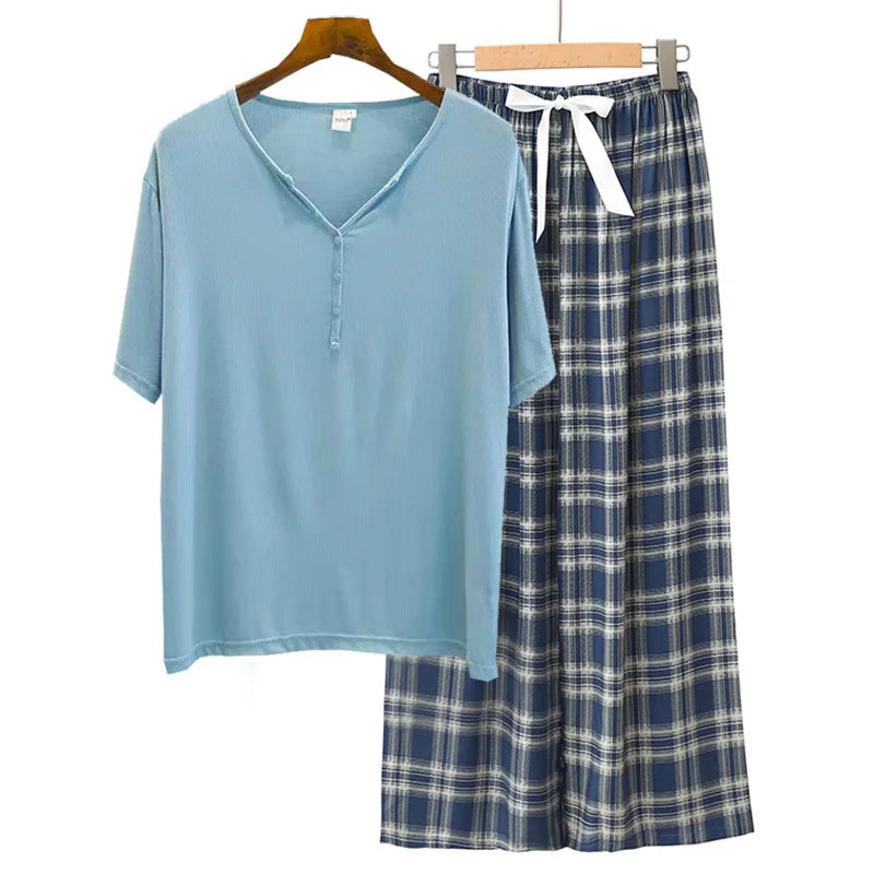 Spring Summer Threaded Modal Knitted V-neck Short Sleeve Sleepwear Women Loose Home Pajama Set Print Nightwear Pijama Suit