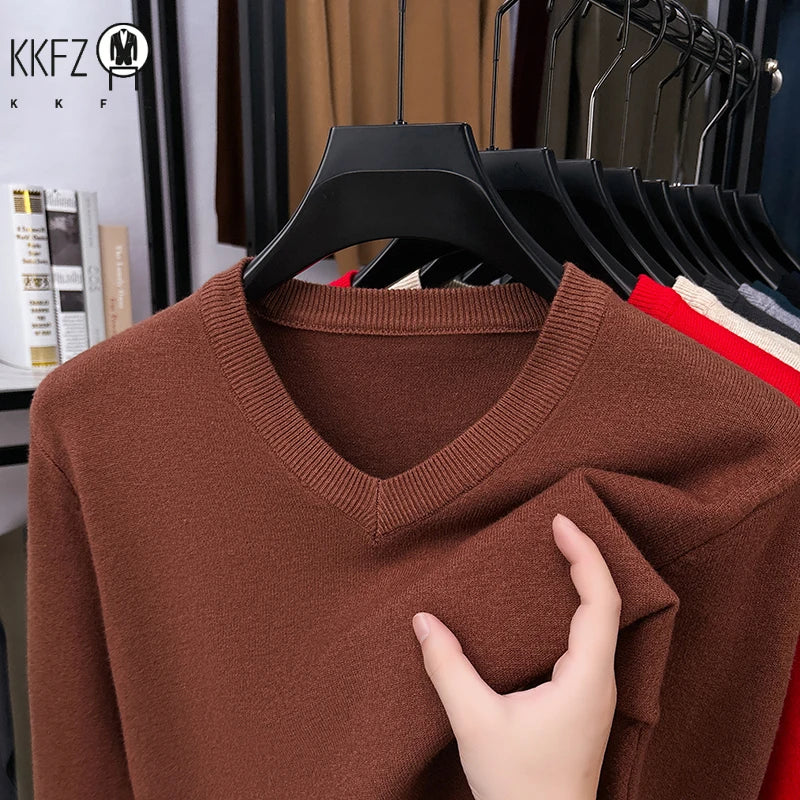 Classic V Neck Knitted Top Men Long Sleeve Smooth Knit Rib Trim Suitable For Layering Everyday Casual Look