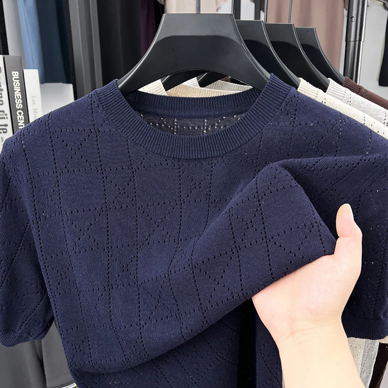 Hot-Selling Man Short-Sleeved Knit T-Shirt Crew Neck Solid Color Argyle Casual Ventilate Trend Versatile British Style Men's Wea