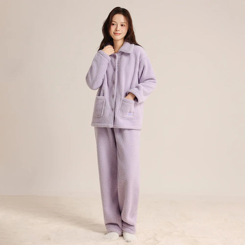 ឈុតគេងរដូវរងារោមចៀម Coral Fleece ក្រាស់សម្រាប់ស្ត្រី ឈុតគេងនៅផ្ទះធម្មតាសម្រាប់ពាក់នៅខាងក្រៅ ឈុតគេងរលុង ឈុតគេងសម្រាប់រដូវរងា