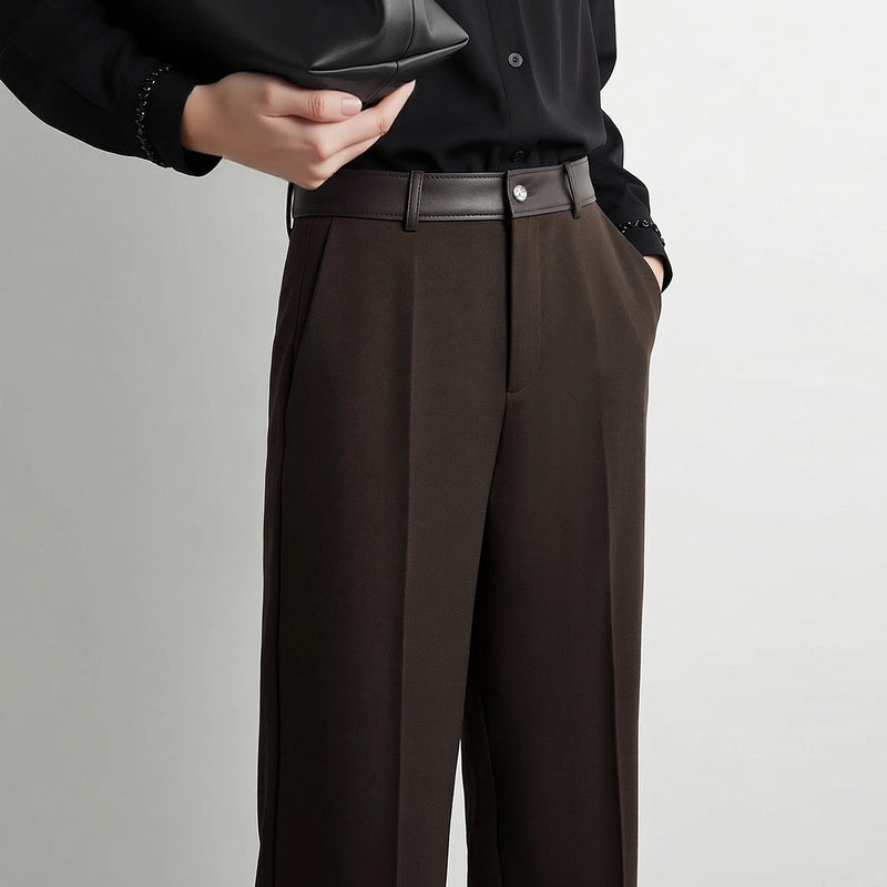 Amii Straight Leg Women Pants Faux Leather Spliced Commuting Autumn New 2026 Comfortable Smooth Drape Pants For Woman 12643011