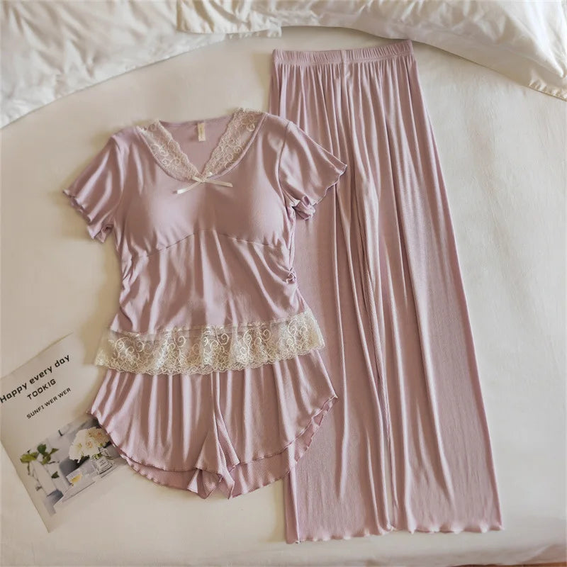 3 Pcs Set New Lace Modal Sleepwear Women Sleep Short Sleeve Shorts Trousers Suit Sweet Gentle Summer Pajamas Lady's Home Clothes