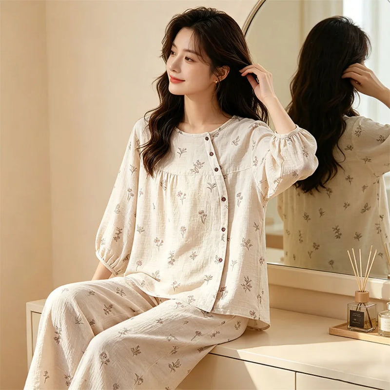 New 2 Pieces Set for Women Pajama Autumn Sleepwear Cotton Floral Pyjama Set Home Wear Women's Loungewear Mujer Pijama Nightwear