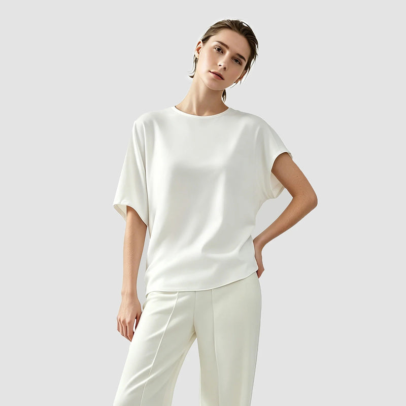 Amii Women's Blouse 2026 Summer New O-Neck Tie Detail ChiffonTop Asymmetric Dolman Sleeve Simple Office Loose Blouse 12642054