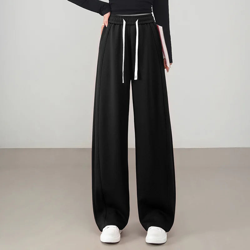 Bright Red Women's High-waisted Wide-leg Pants; Black Athletic and Casual Trousers for Spring and Fall; Asian Sizes S–XXL.