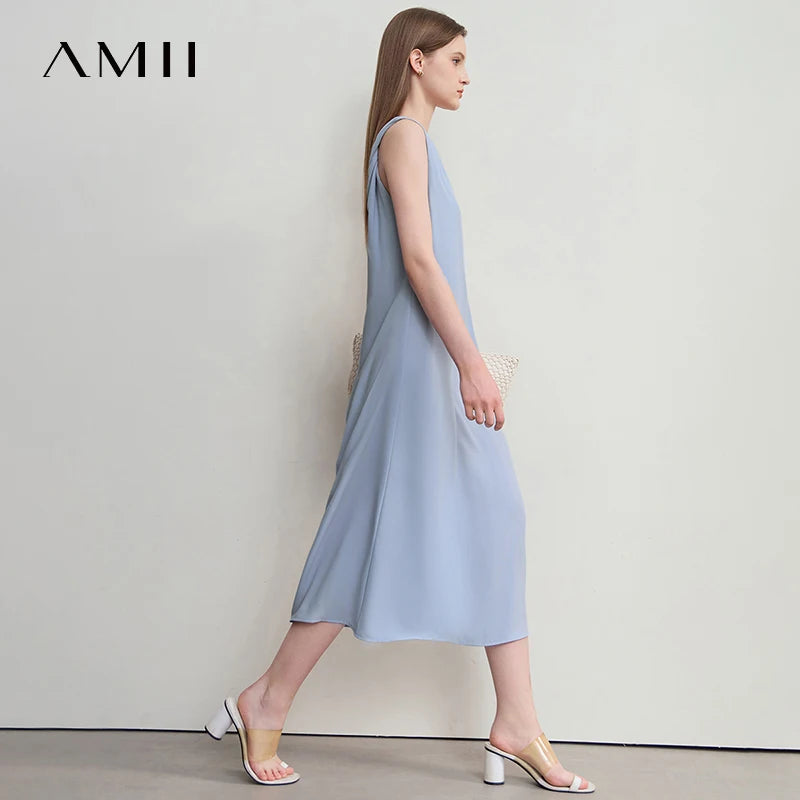 រ៉ូប Amii Minimalism Casual សម្រាប់នារីការិយាល័យរដូវក្តៅឆ្នាំ ២០២៥ ដៃអាវគ្មានដៃ រមួលជាខ្សែ ខ្នងខ្លី រលុងស្រាល 12542218
