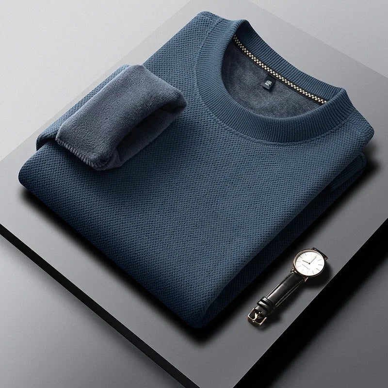 Men Thick Fleece Lined Waffle Knit Pullover Long Sleeve Crew Collar Relax Fit Warm Daily Office Wear Top