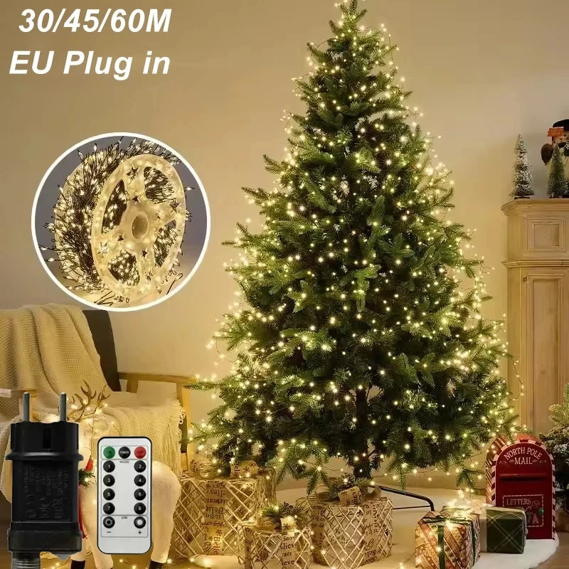 ភ្លើង LED 30-60M 220V EU Power LED Firecracker String Lights បញ្ជាពីចម្ងាយ ភ្លើង Garland Fairy សម្រាប់ពិធីមង្គលការ សួនច្បារ ការតុបតែងបុណ្យណូអែល