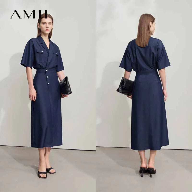 Amii Straight Dress Denim Women 2025 Summer Simple Short Sleeve Office Lady Jean Flip Neck Draped Cool Shirt Dress 12542067