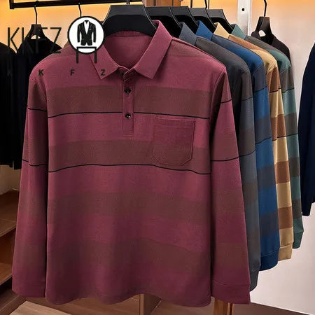 Mens Relaxed Lapel Polo Shirt Long Sleeve Horizontal Stripes Button Placket Casual Street Daily Fashion Outfit
