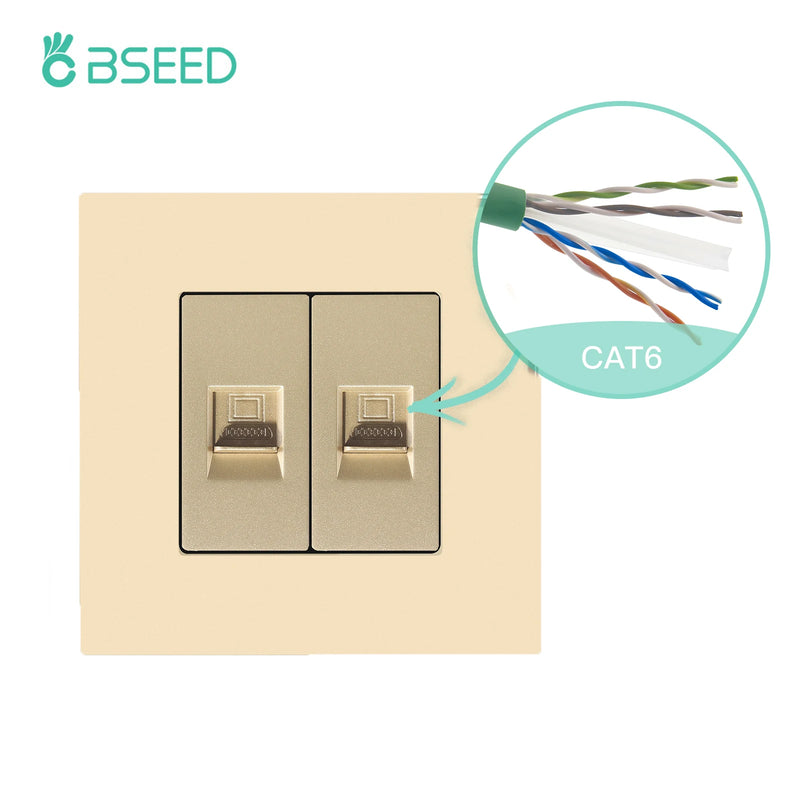 BSEED EU Standard Double Internet Socket RJ45 Network Data Socket CAT6 Wall Computer Outlet Plastic Frame White Black Color