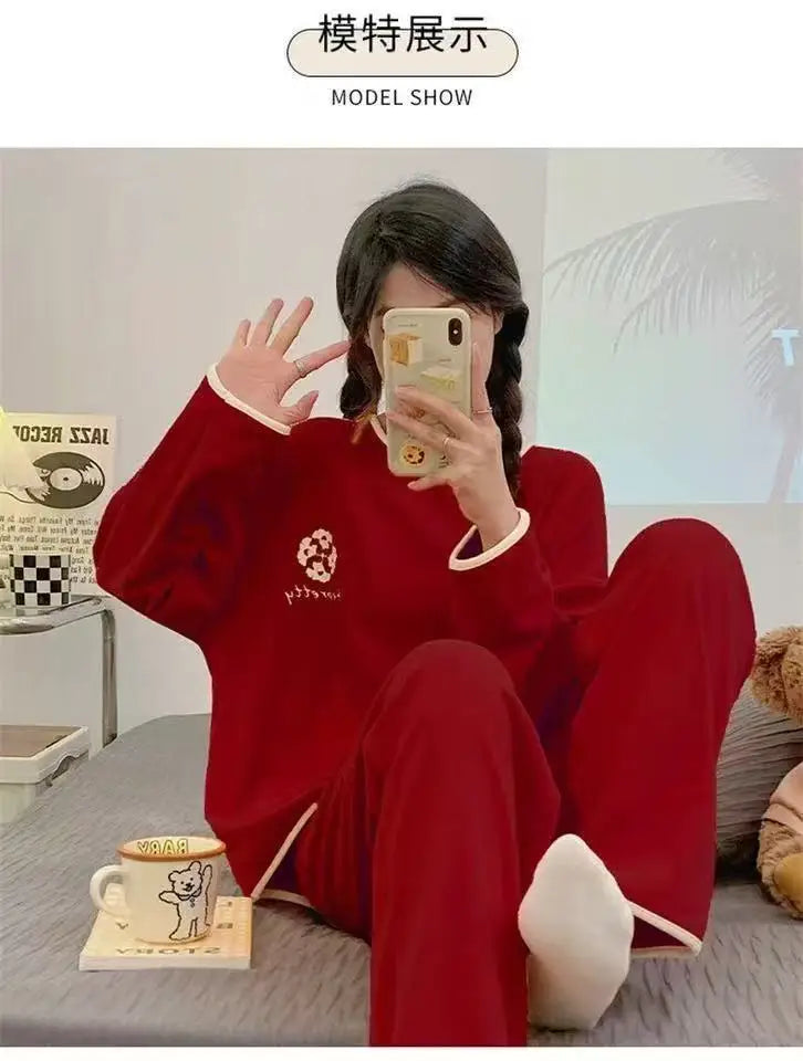M-3XL Pijama Mujer Invierno Warm De Velvet Women Pajama Big Size Red Home Clothes New Year Sleepwear Pajama Lady Spring Fall