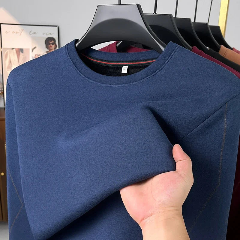 Autumn Leisure Long Sleeve Thermal Shirt Men Round Neck Decorative Sleeve Stitch Elastic Basic Daily Top