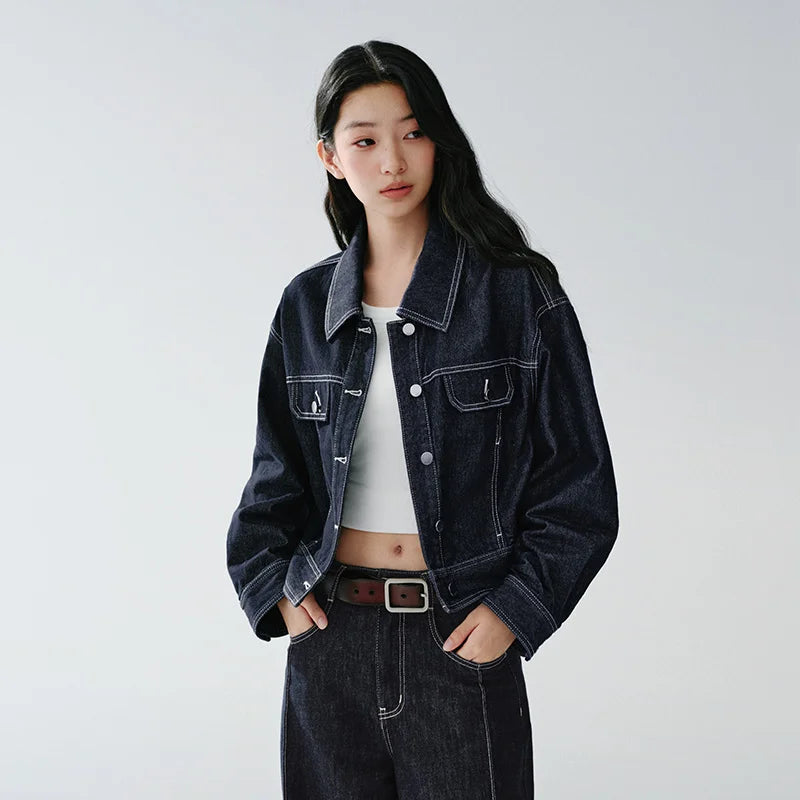 Semir Vintage Jacket Women 2026 Spring Short Lapel Drop Shoulder Loose Distressed Cargo Streetwear Stylish Outerwear