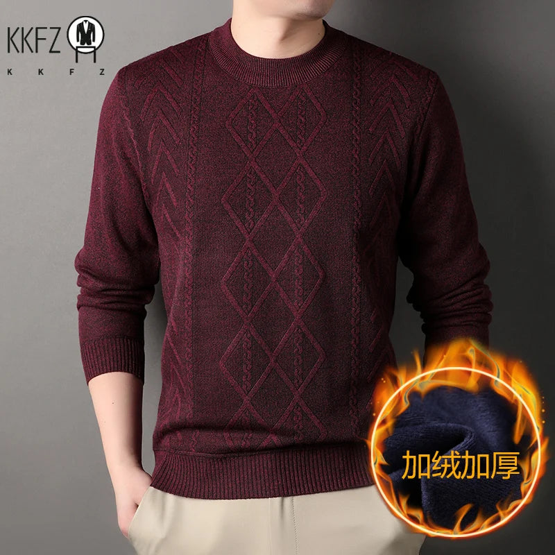 Elastic Rib Cuffs Male Crew Neck Sweater Thickened Plush Interior Mixed Jacquard Knitting Autumn Outdoor Leisure Top