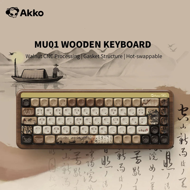 Akko MU01 Mountain Seclusion Wooden Mechanical Keyboard ISO-UK/DE Layout RGB Hot Swap BT/2.4G Wireless & Wired Gaming Keyboard