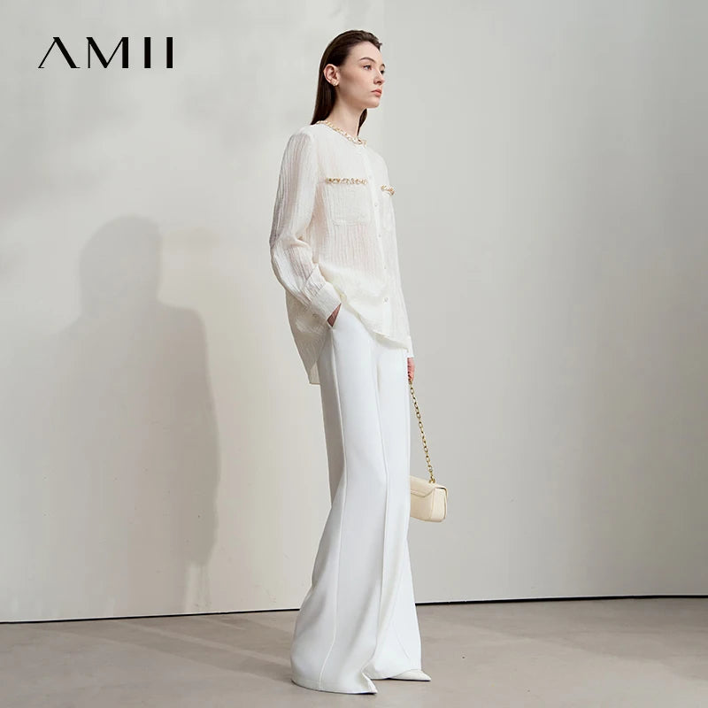 ខោ AMII Minimalist សម្រាប់នារី ពណ៌ស រដូវស្លឹកឈើជ្រុះ ឆ្នាំ២០២៦ ខោស្លីមសម ខោធម្មតា សម្រាប់នារីការិយាល័យ ខោហើម ប្រឆាំងស្នាមជ្រួញ សម្រាប់ប្រចាំថ្ងៃ 12523127