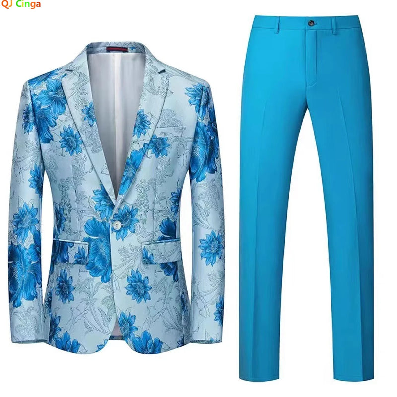 2026 Men's Two-Piece Set, Wedding Party Jacket and Trousers in Black with Red Flowers Jacquard Fabric Slim Fit Men Coat & Pants.