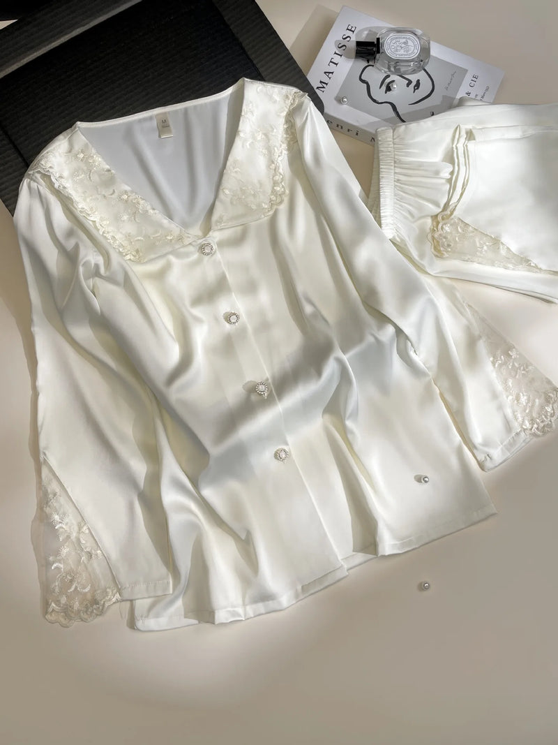 Embroidered Lace Lapel Pajama Sets Ice Silk Long Sleeve Trousers Suit Spring Autumn Women's Sleepwear Pyjama Home Suit For Women